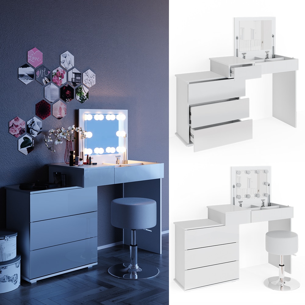 Vicco Schminktisch Frisiertisch Frisierkommode Lotos Wei&szlig; LED Spiegel Hocker - Bild 1