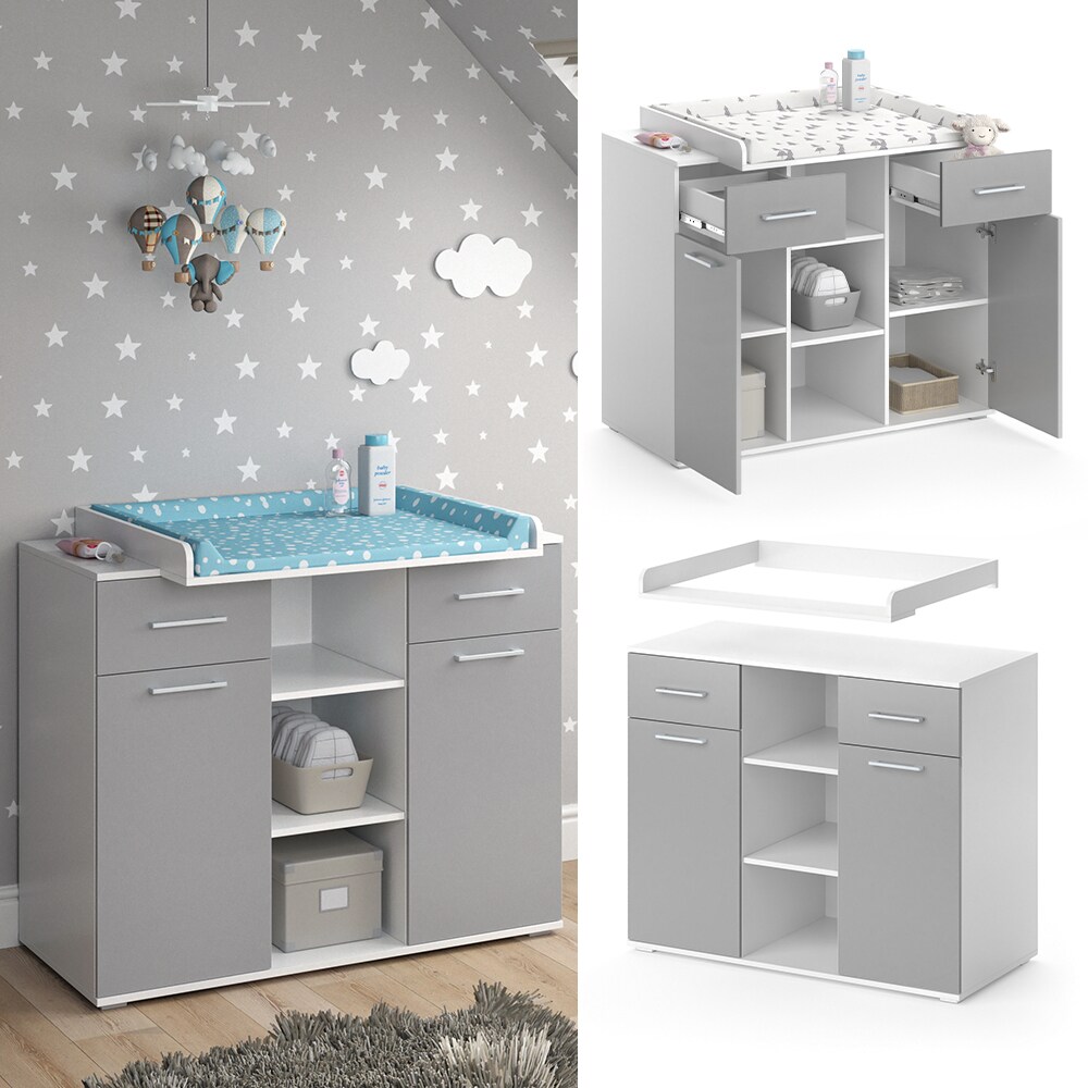 Vicco Wickelkommode Wickeltisch Wickelregal Leonie mit Wickelaufsatz Weiß/Grau | 04066731029099