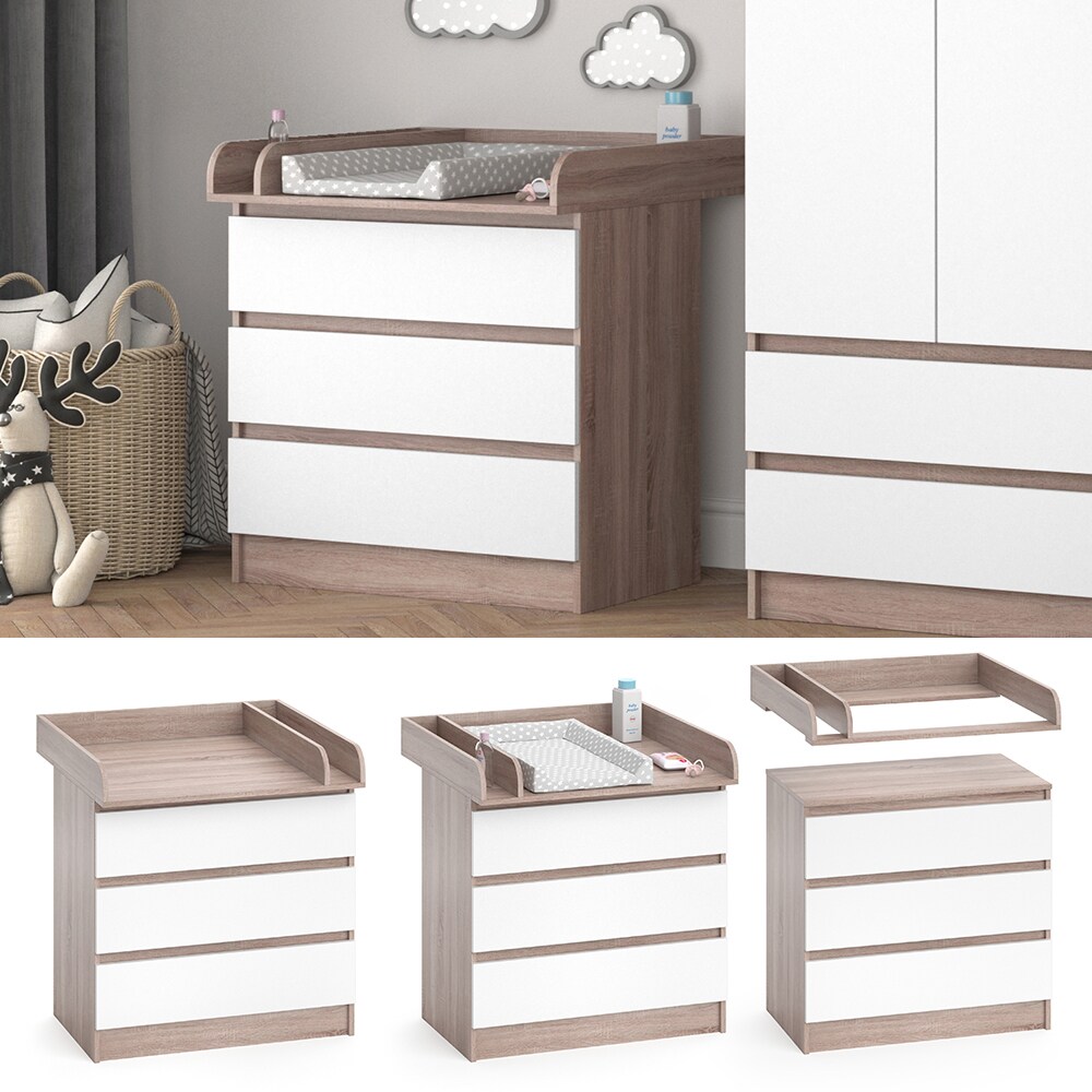 Vicco Wickelkommode Wickeltisch Kommode mit 3 Schubladen Emma Weiß Sonoma Baby | 04066731028801