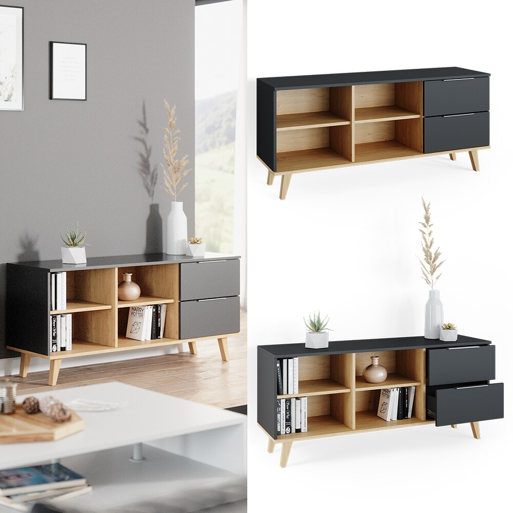 Vicco Kommode Wohnzimmerschrank Anrichte Neptune Anthrazit/Buche Schublade 134cm | 04066731028269