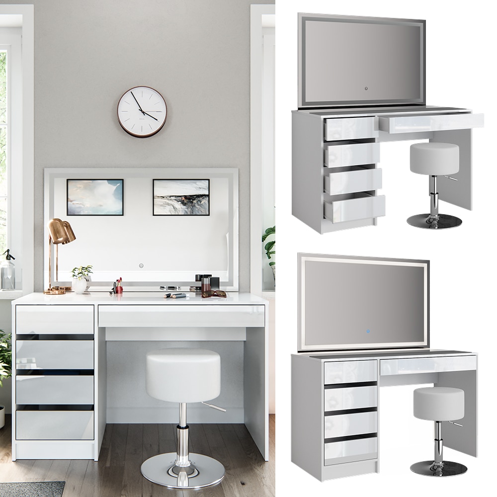 Schminktisch Sherry wei&szlig; hochglanz Frisiertisch LED Spiegel 5 Schubladen Kommode Hocker Vicco - Bild 1