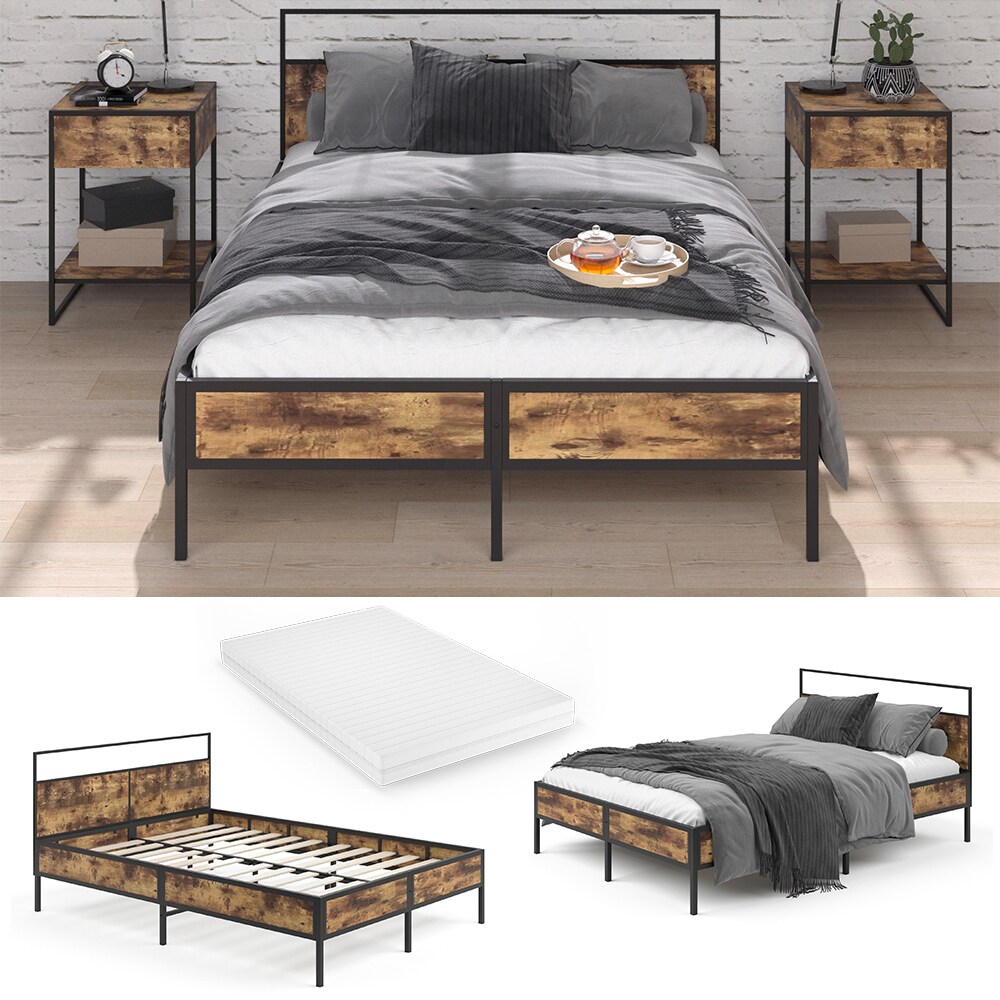 Vitalispa Bettgestell Doppelbett Metallbett Fyrk Holz-Optik 140x200 Matratze - Bild 1