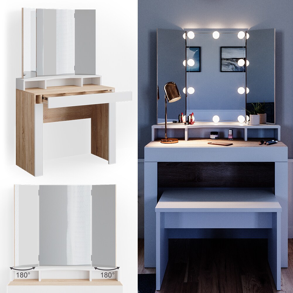 Vicco Schminktisch Frisiertisch Frisierkommode Nora SON/Wei&szlig; Spiegel Bank LED - Bild 1