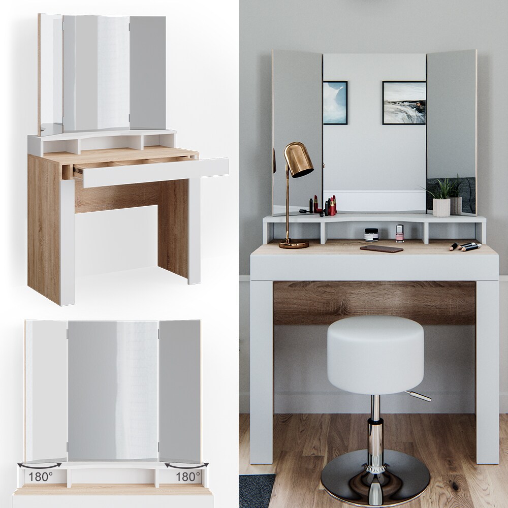 Vicco Schminktisch Frisiertisch Frisierkommode Nora Sonoma/Wei&szlig; Spiegel Hocker - Bild 1