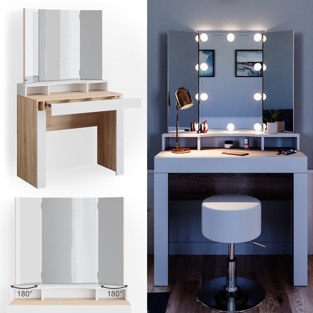 Vicco Schminktisch Frisiertisch Frisierkommode Nora SON/Wei&szlig; Spiegel Hocker LED - Bild 1