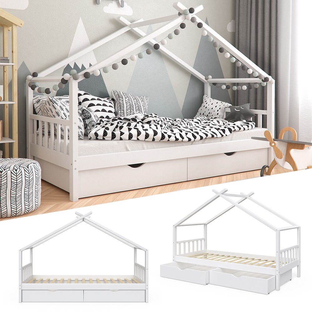 VitaliSpa Kinderbett Hausbett Kinderhaus Design Weiß Lattenrost 90×200 Schublade | 04066731030989