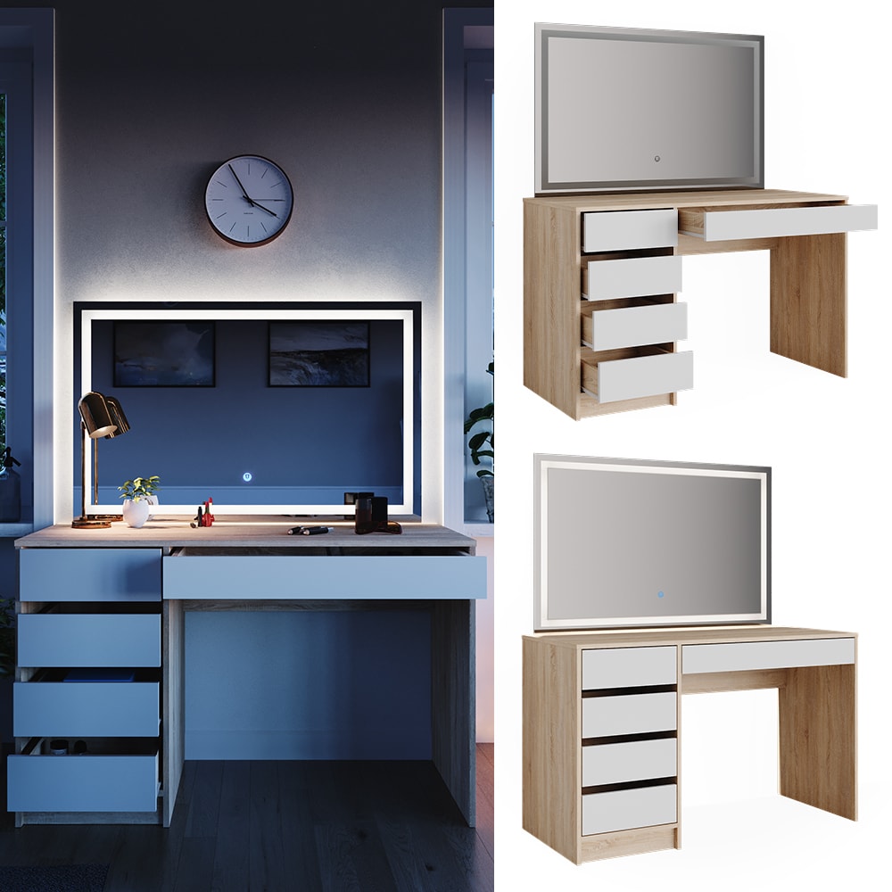 VICCO Schminktisch Sherry Sonoma Wei&szlig; Frisiertisch LED Spiegel Kommode Schublade - Bild 1