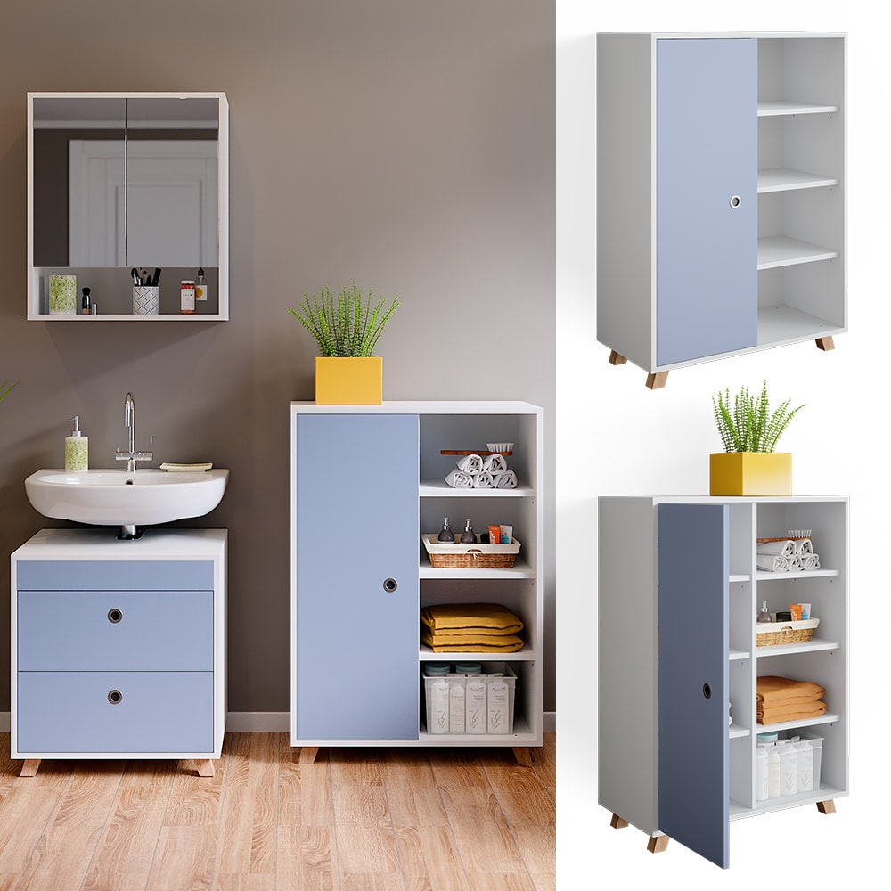 Vicco Unterschrank Badschrank Badezimmerschrank Retro 8 F&auml;cher T&uuml;r Wei&szlig; Blau - Bild 1