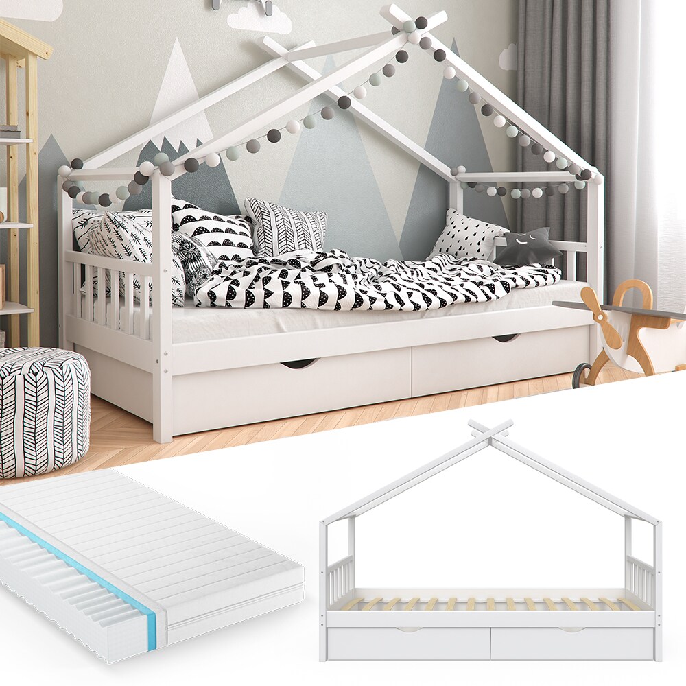 VitaliSpa Kinderbett Hausbett Kinderhaus Design Weiß 90x200 Schublade Matratze