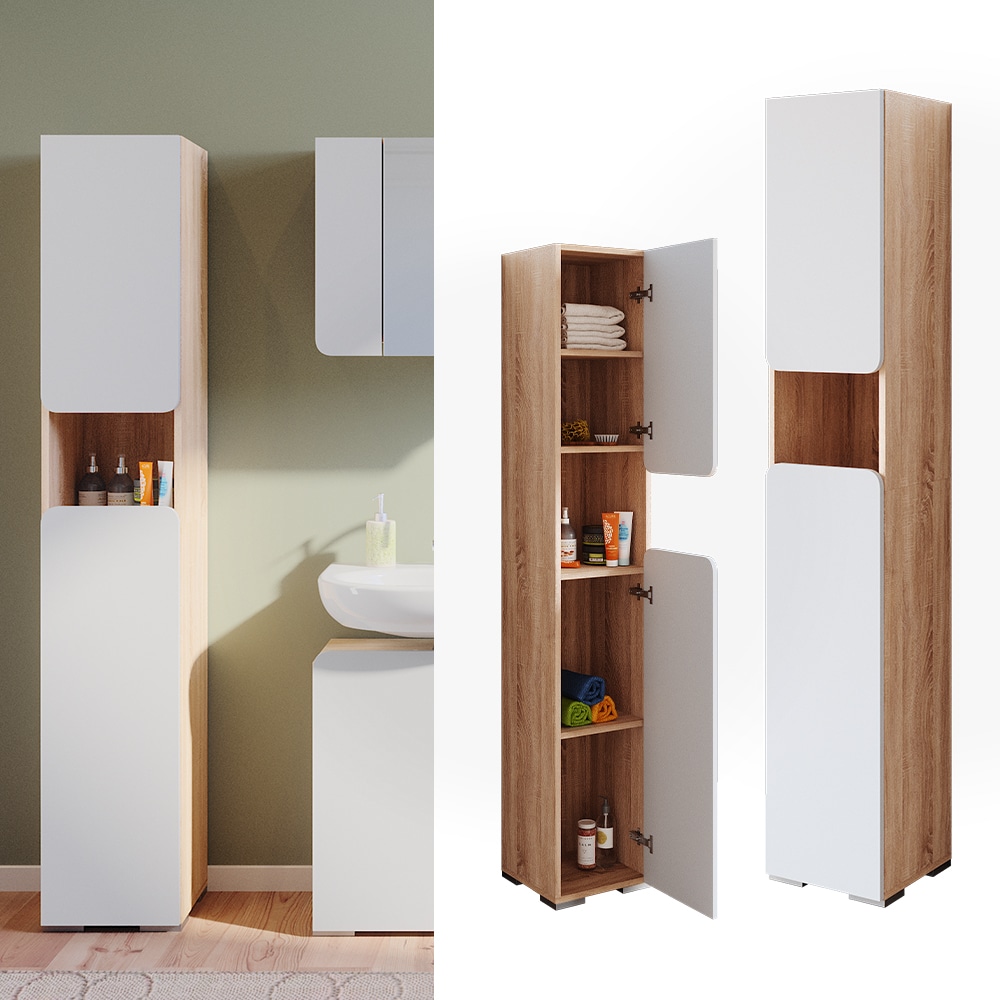 Vicco Hochschrank Badschrank Badezimmerschrank Elvina Sonoma/Wei&szlig; T&uuml;r 5 F&auml;cher - Bild 1