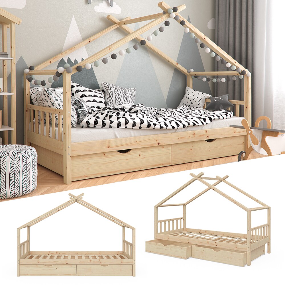 VitaliSpa Kinderbett Hausbett Kinderhaus Design NAT Lattenrost 90x200 Schublade