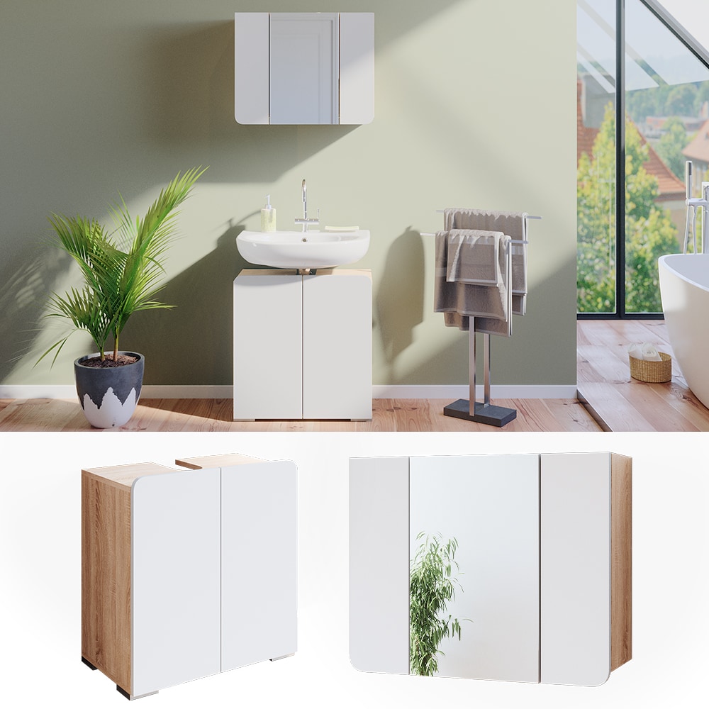 Vicco Badm&ouml;belset Badspiegel Waschtischunterschrank Elvina Sonoma/Wei&szlig; F&auml;cher - Bild 1