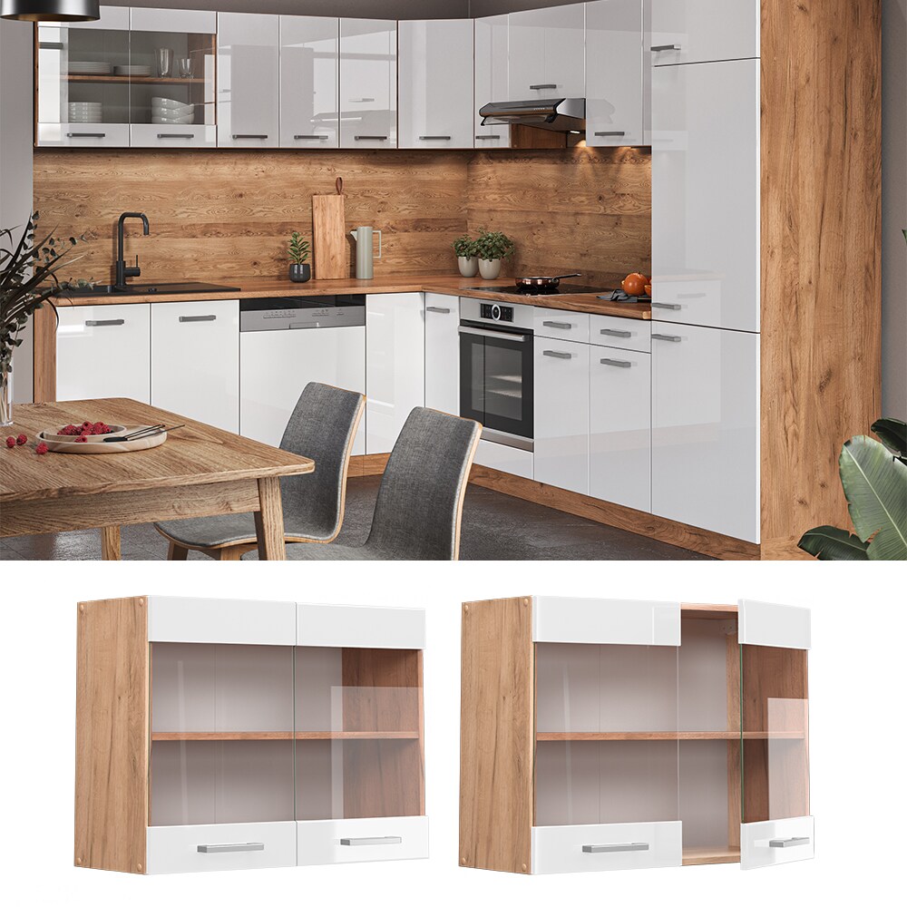 Vicco H&auml;ngeglasschrank K&uuml;chenschrank K&uuml;chenzeile R-Line 80 cm Goldkraft Wei&szlig; - Bild 1