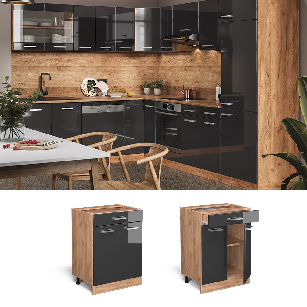 Vicco Schubunterschrank K&uuml;chenschrank K&uuml;chenzeile R-Line 60 cm Goldkraft Anthrazit - Bild 1