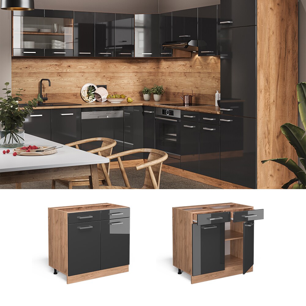 Vicco Schubunterschrank K&uuml;chenschrank K&uuml;chenzeile R-Line 80 cm Goldkraft Anthrazit - Bild 1