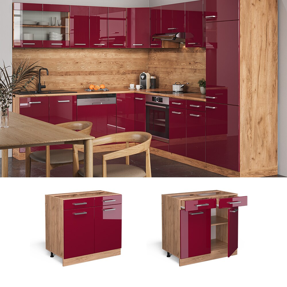 Vicco Schubunterschrank Küchenschrank Küchenzeile R-Line 80 cm Goldkraft Bordeaux