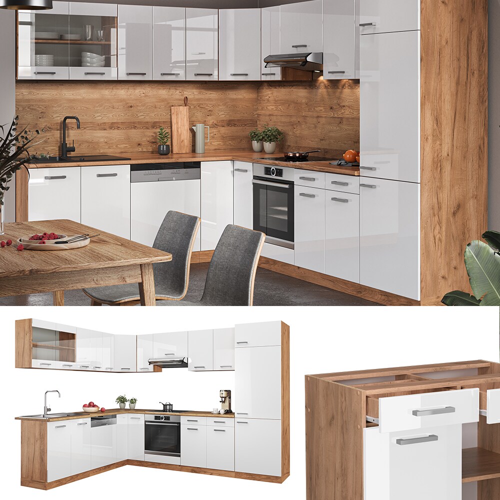 Vicco Küchenzeile Küchenblock Einbauküche R-Line Ecke 287 x 277 Front Weiß HGL