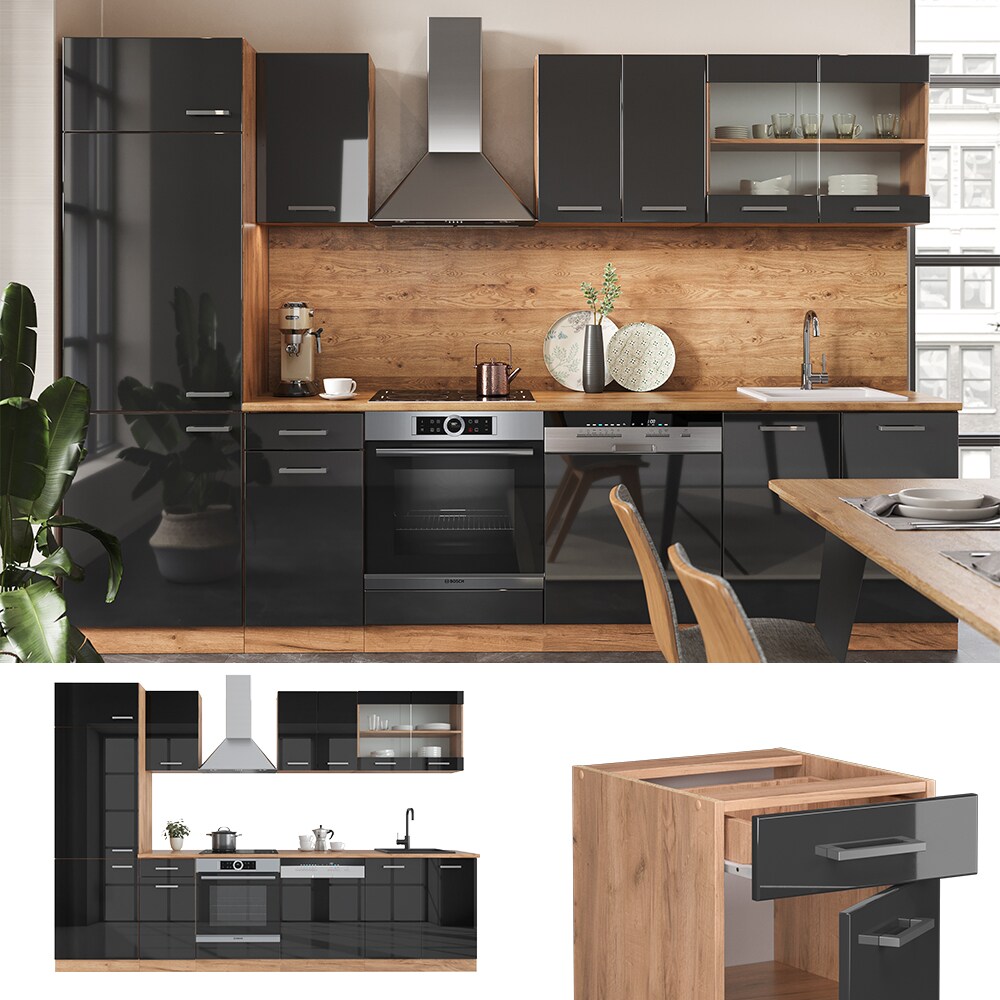 Vicco K&uuml;chenzeile K&uuml;chenblock Einbauk&uuml;che R-Line 300cm K&uuml;hlumbauschrank Anthrazit - Bild 1