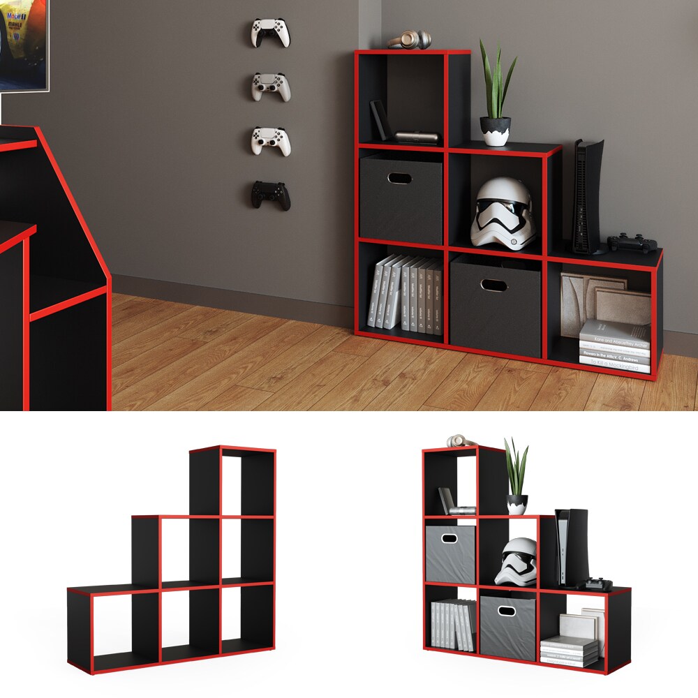 Vicco Treppenregal Raumteiler Stufenregal 6 F&auml;cher Schwarz/Rot B&uuml;cherregal - Bild 1