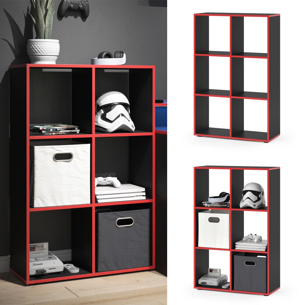 Vicco Raumteiler Standregal B&uuml;cherregal 6 F&auml;cher Regal Schwarz/Rot Hochregal - Bild 1