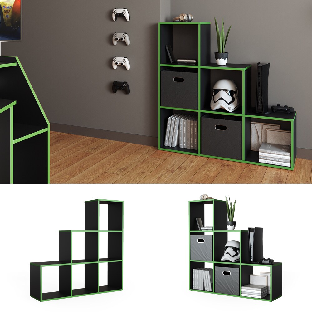 Vicco Treppenregal Raumteiler Stufenregal 6 F&auml;cher Schwarz/Gr&uuml;n B&uuml;cherregal - Bild 1