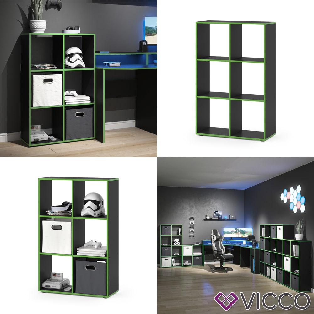 Vicco Raumteiler Standregal B&uuml;cherregal 6 F&auml;cher Regal Schwarz/Gr&uuml;n Hochregal - Bild 1