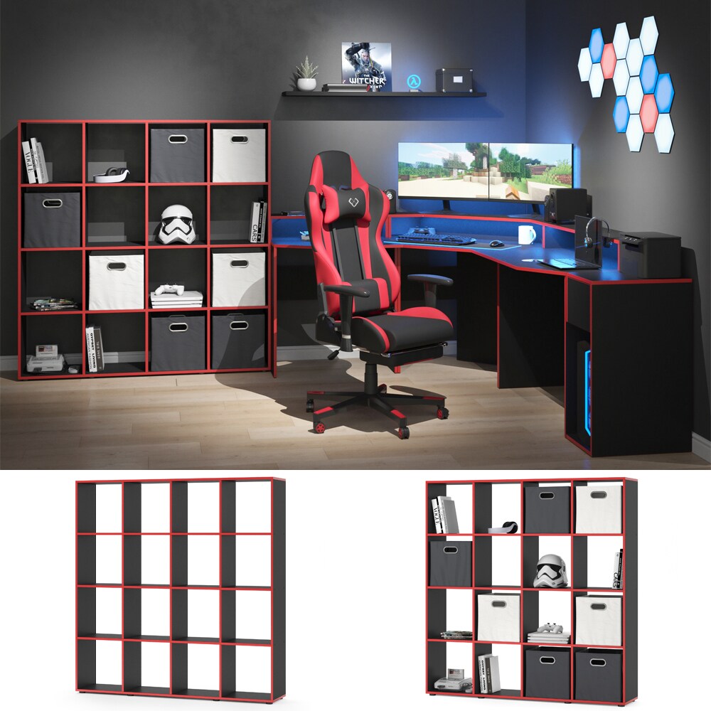 Vicco Raumteiler W&uuml;rfelregal Standregal Karree 16 F&auml;cher Schwarz/Rot Wandregal - Bild 1
