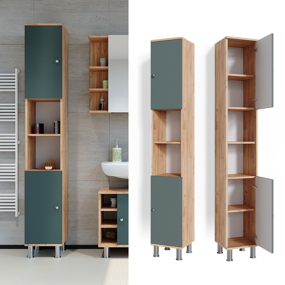 Vicco Hochschrank Badschrank Badezimmerschrank Fynn Eiche Gr&uuml;n Badm&ouml;bel 190 x 30 - Bild 1
