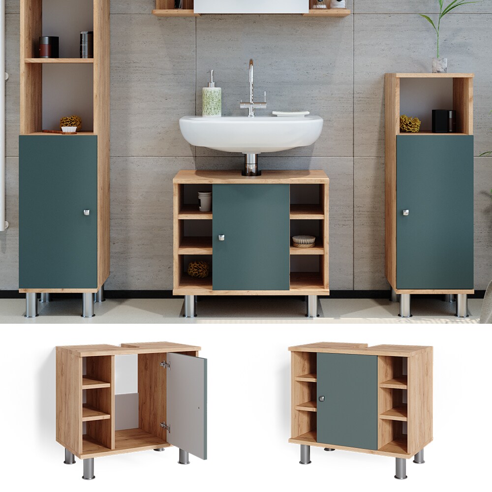 Vicco Waschtischunterschrank Badschrank Unterschrank Fynn Eiche Gr&uuml;n Badm&ouml;bel - Bild 1