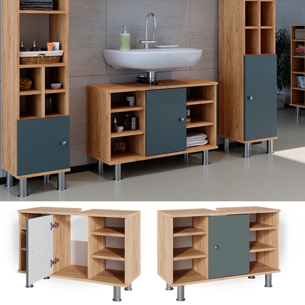 Vicco Waschtischunterschrank Badschrank Waschbecken Fynn Eiche Gr&uuml;n Badm&ouml;bel 80cm - Bild 1
