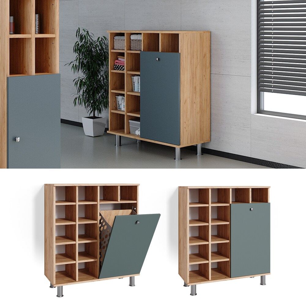 Vicco W&auml;scheschrank Badezimmerschrank Badschrank Fynn Eiche Gr&uuml;n W&auml;schekorb - Bild 1