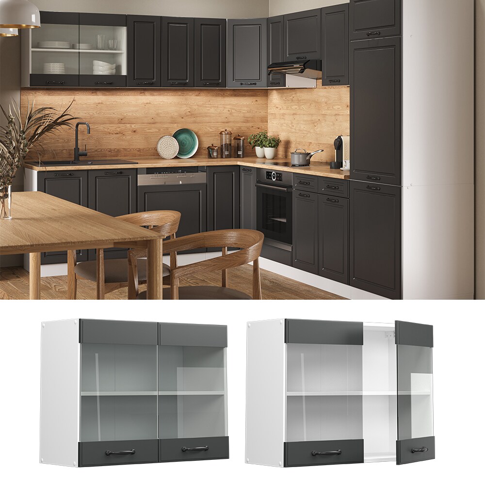 Vicco H&auml;ngeglasschrank K&uuml;chenschrank K&uuml;chenzeile Landhaus R-Line 80 cm Wei&szlig;-Anthrazit - Bild 1