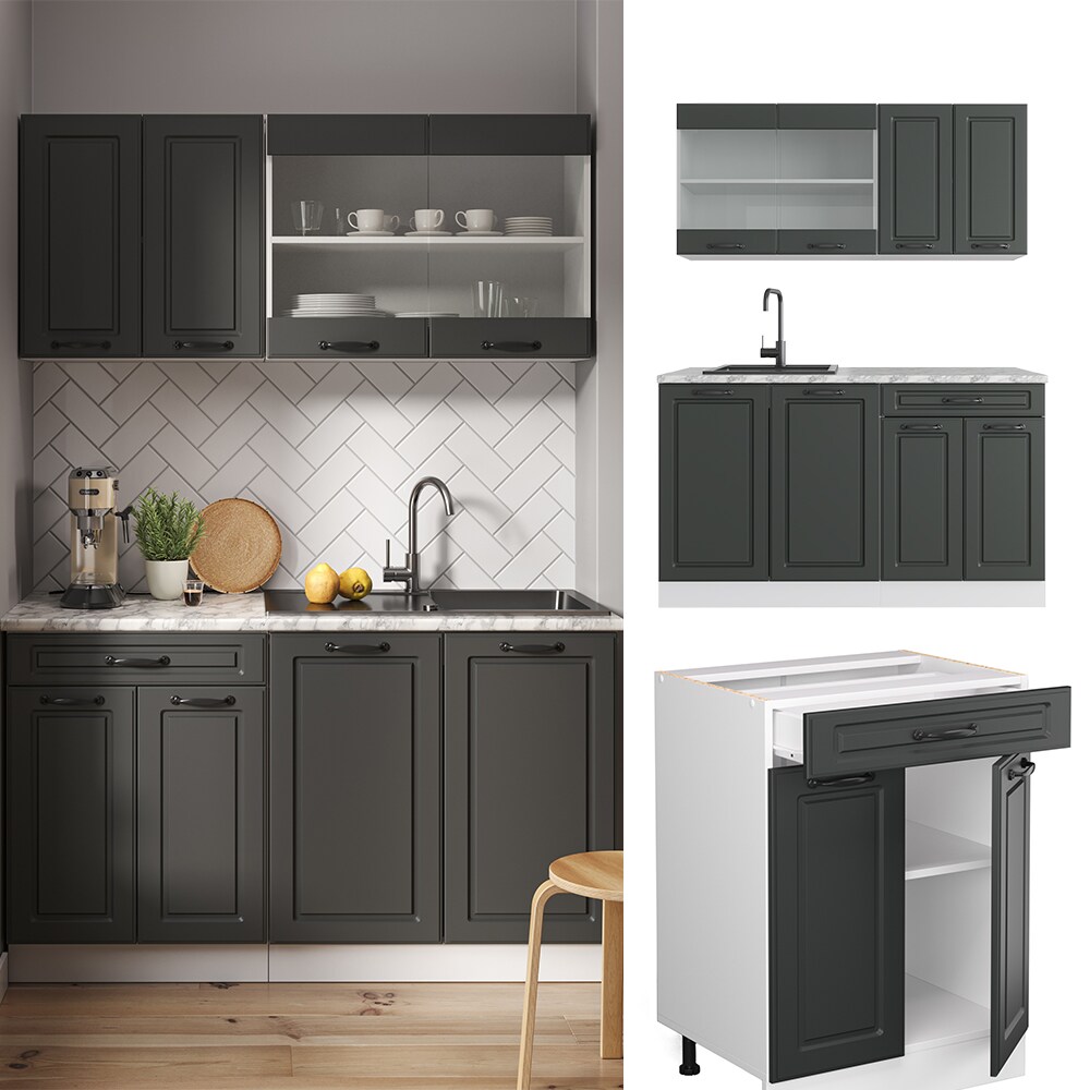 Vicco Küchenzeile Küchenblock Einbauküche R-Line Single Weiß Landhaus Anthrazit | 04066731036820