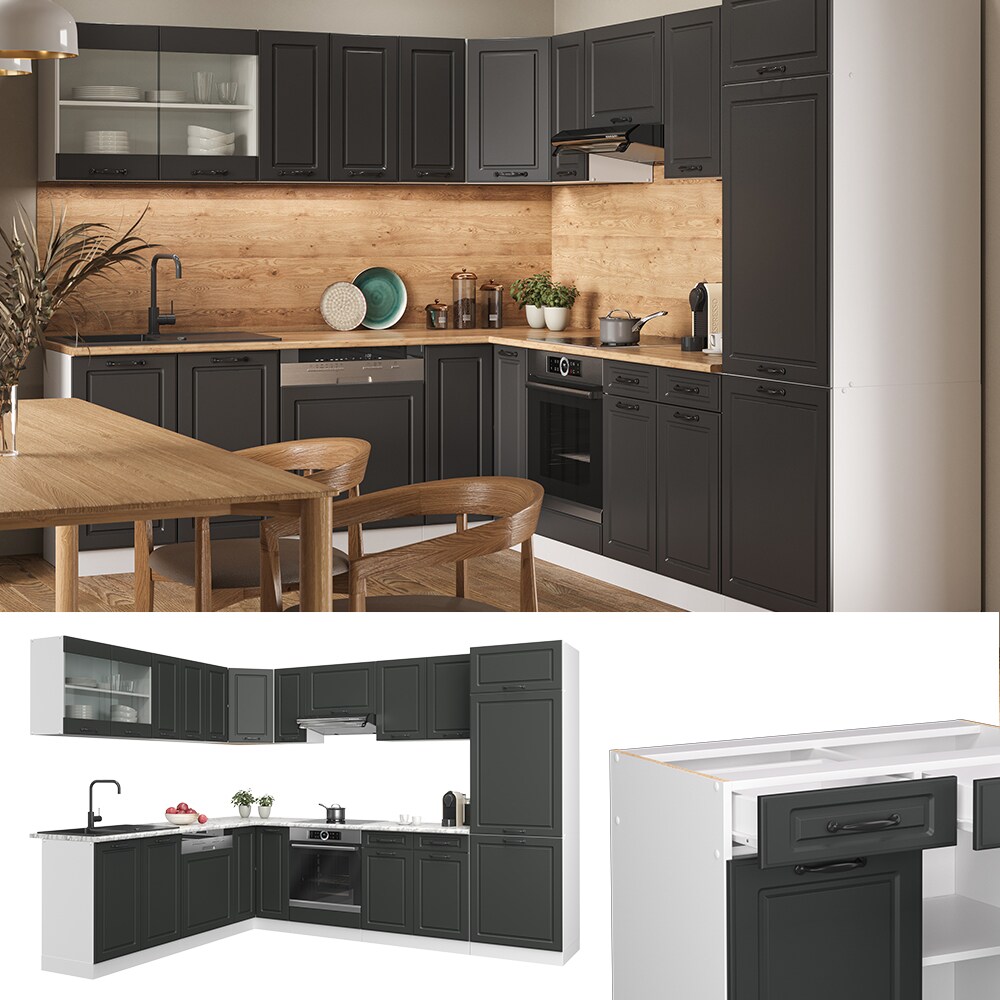 Vicco Küchenzeile Küchenblock Einbauküche R-Line Ecke Weiß Landhaus Anthrazit | 04066731036837