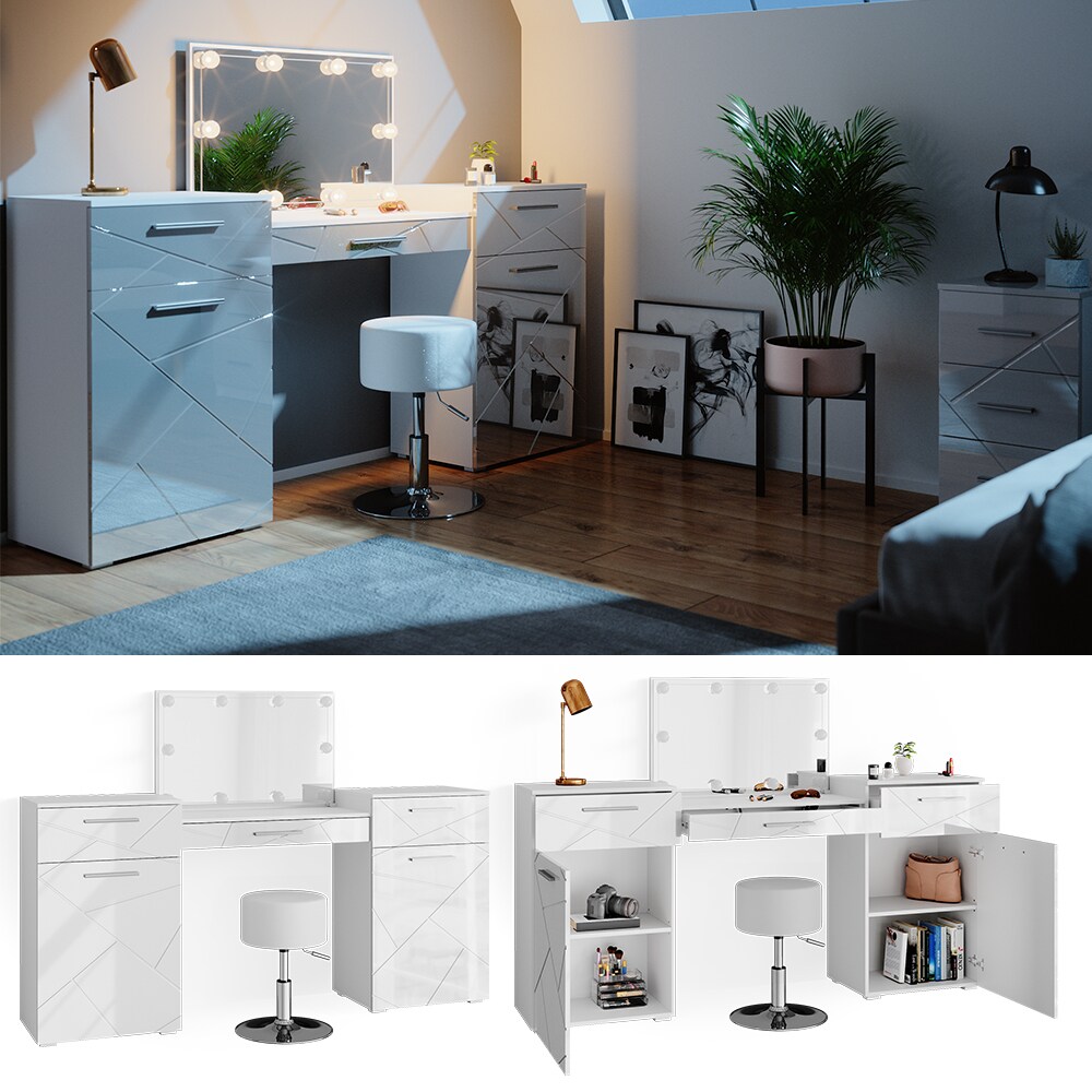 Vicco Schminktisch Frisiertisch Frisierkommode Irma Wei&szlig; Spiegel Ablage LED Bank - Bild 1