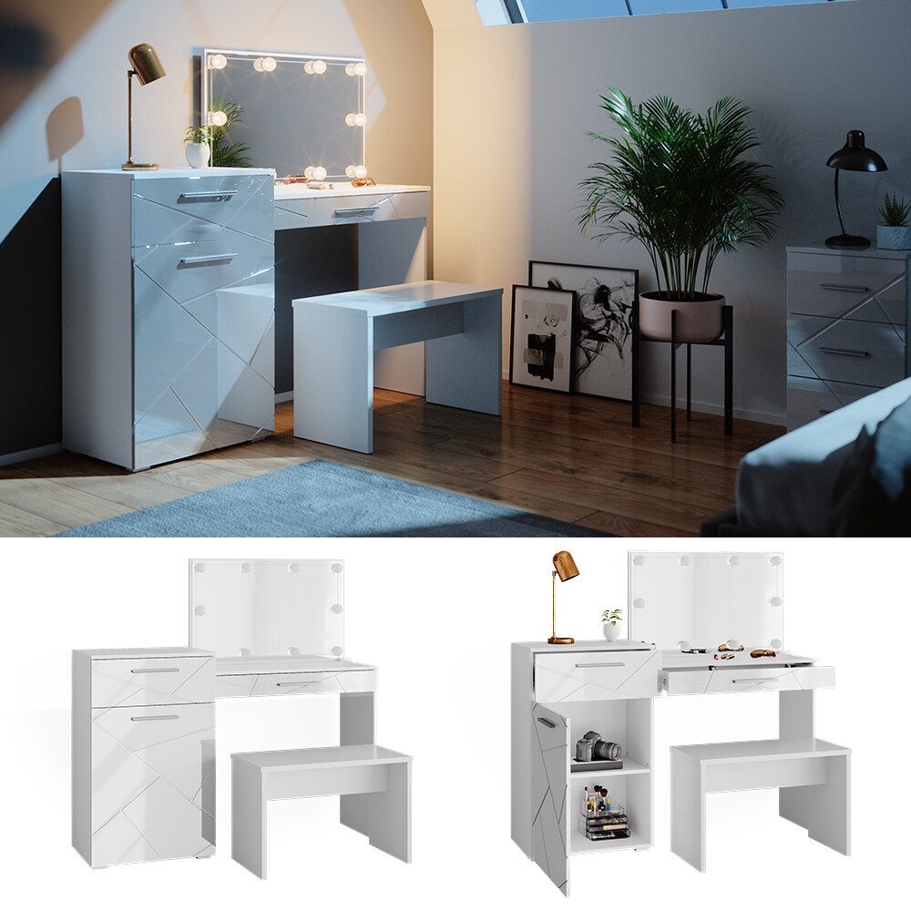 Vicco Schminktisch Frisiertisch Frisierkommode Little Irma Wei&szlig; Spiegel LED Bank - Bild 1