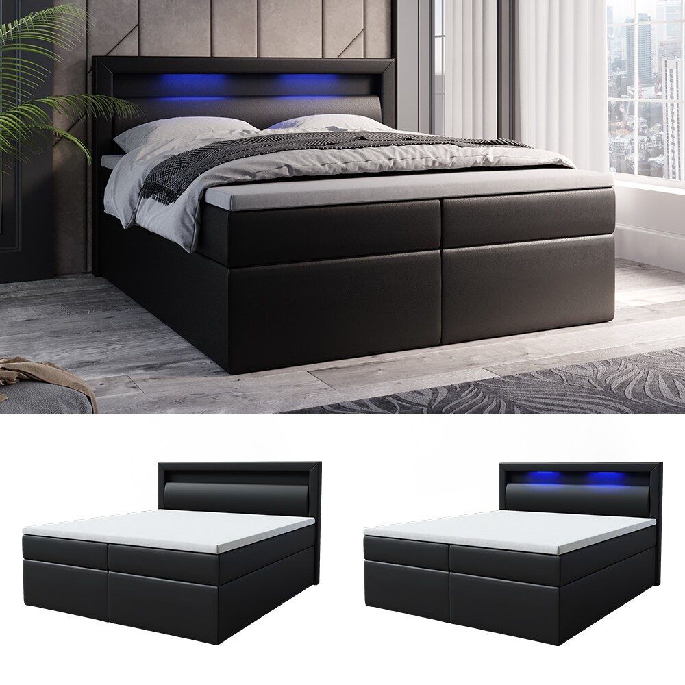VitaliSpa Boxspringbett Doppelbett Ehebett Oskar Schwarz LED Kunstleder 180x200 cm - Bild 1