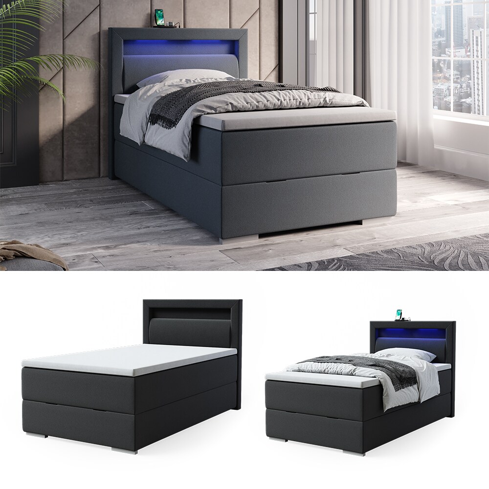 VitaliSpa Boxspringbett Doppelbett Ehebett Oskar Anthrazit Bettkasten USB LED 120x200 cm M&ouml;belstoff - Bild 1