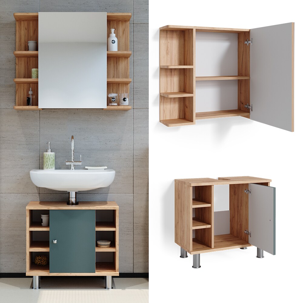 Vicco Badm&ouml;belset Waschtischunterschrank Spiegelschrank Fynn Eiche Gr&uuml;n - Bild 1