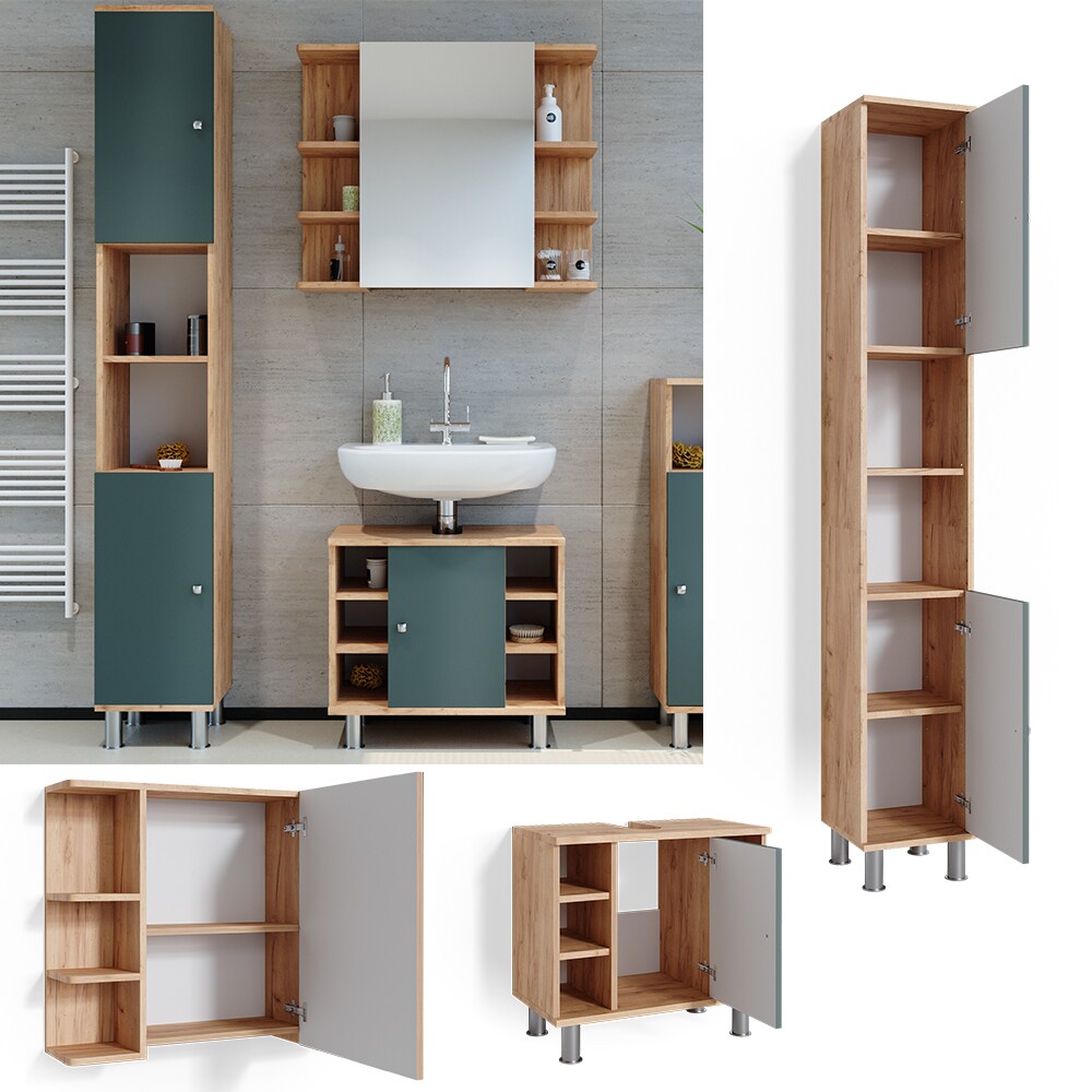 Vicco Badmöbelset Unterschrank Spiegelschrank Hochschrank Fynn Eiche Grün