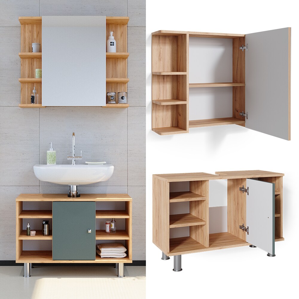 Vicco Badmöbelset Waschtischunterschrank 80 cm Spiegelschrank Fynn Eiche Grün