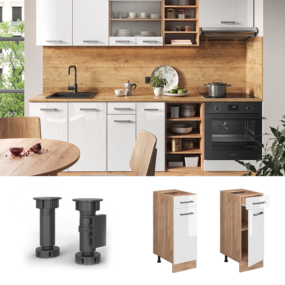 Vicco Schubunterschrank K&uuml;chenschrank K&uuml;chenzeile R-Line 30 cm Eiche Wei&szlig; T&uuml;r Schublade - Bild 1