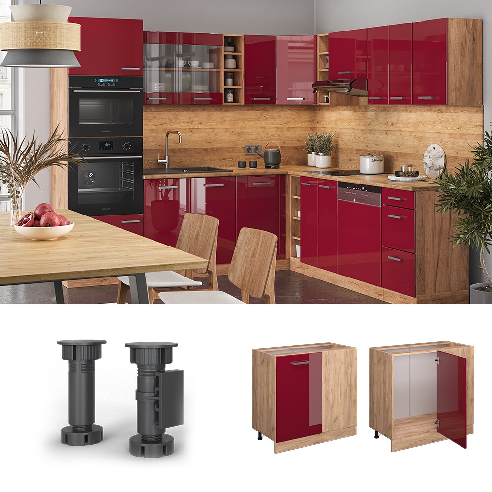 Vicco Eckunterschrank Küchenschrank Küchenzeile R-Line 86 cm Eiche Bordeaux Tür
