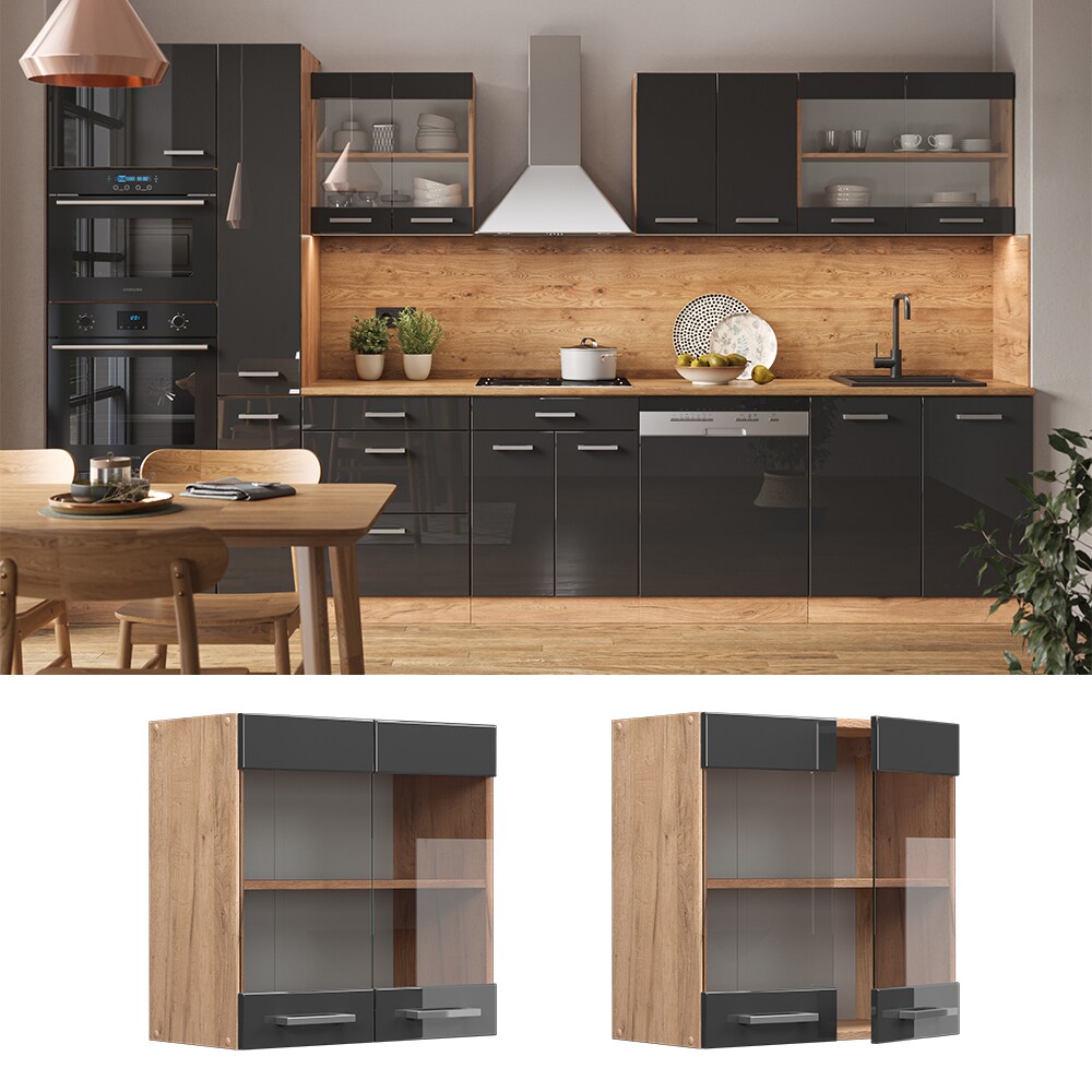 Vicco H&auml;ngeglasschrank K&uuml;chenschrank K&uuml;chenzeile R-Line 60 cm Eiche Anthrazit T&uuml;r F&auml;cher - Bild 1