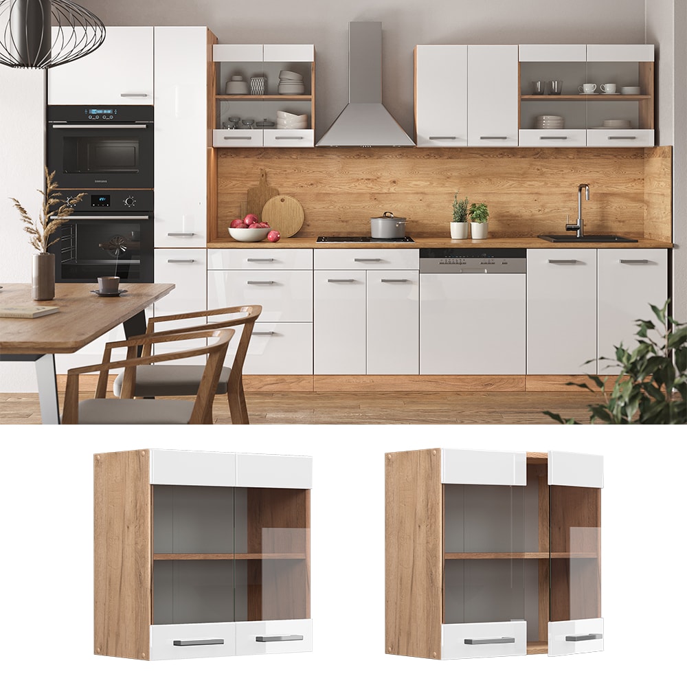 Vicco H&auml;ngeglasschrank K&uuml;chenschrank K&uuml;chenzeile R-Line 60 cm Eiche Wei&szlig; T&uuml;r F&auml;cher - Bild 1