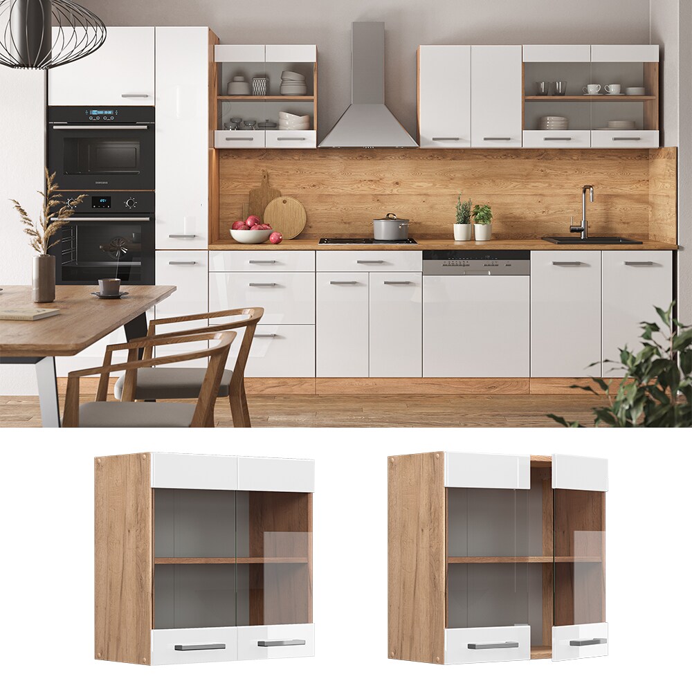 Vicco Hängeglasschrank Küchenschrank Küchenzeile R-Line 60 cm Eiche Weiß Tür Fächer