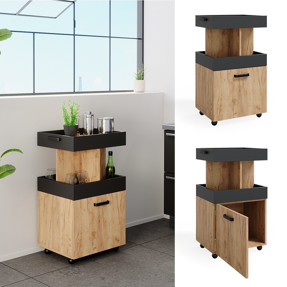 Vicco Hausbar Minibar Getr&auml;nkebar Kamber Eiche Anthrazit T&uuml;r rollbar Ablage Fach - Bild 1