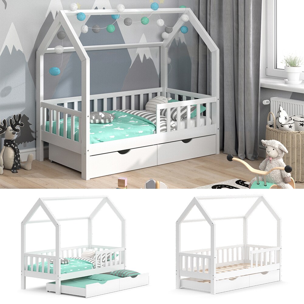 VitaliSpa Kinderbett Hausbett G&auml;stebett Wiki Wei&szlig; 80x160cm Schublade Lattenrost - Bild 1