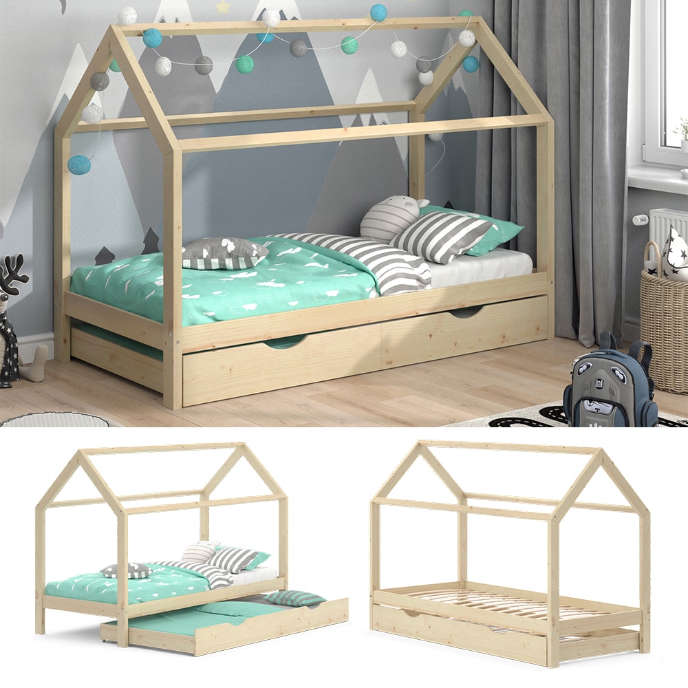 VitaliSpa Kinderbett Hausbett G&auml;stebett Wiki Natur 90x200cm Schublade Lattenrost - Bild 1
