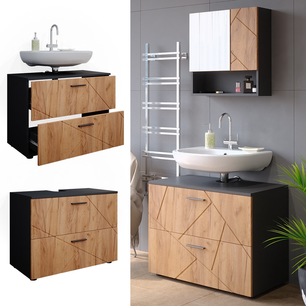 Vicco Waschtischunterschrank Badschrank Badezimmerschrank Irma Anthrazit Eiche 80 cm Hochglanz - Bild 1